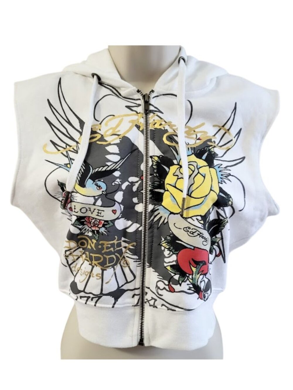 ED HARDY Y2K White Tattoo Graphic Cropped Zip-Up Hoodie Vest - Women's M